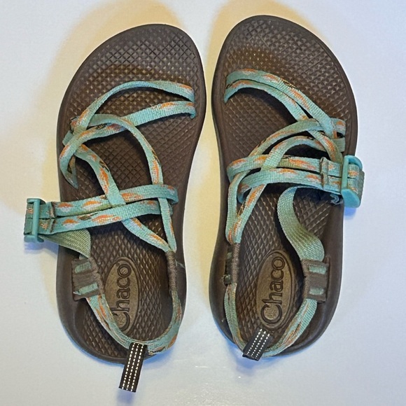 Chaco Sandals with Teal and Coral Straps kids size 2. G - Picture 2 of 6